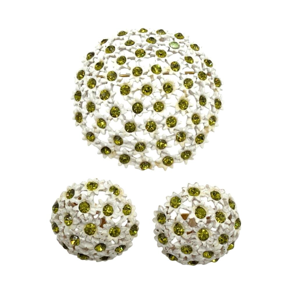 Green Rhinestones and White Metal Setting Vintage Brooch 1.5” and Earrings Set